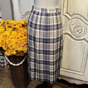 Blue and Cream Plaid Pleated Pure New Wool Midi Skirt Vintage